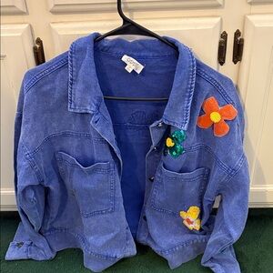 ODDY Vibrant Blue Jean Jacket with Colorful Floral Embellishments